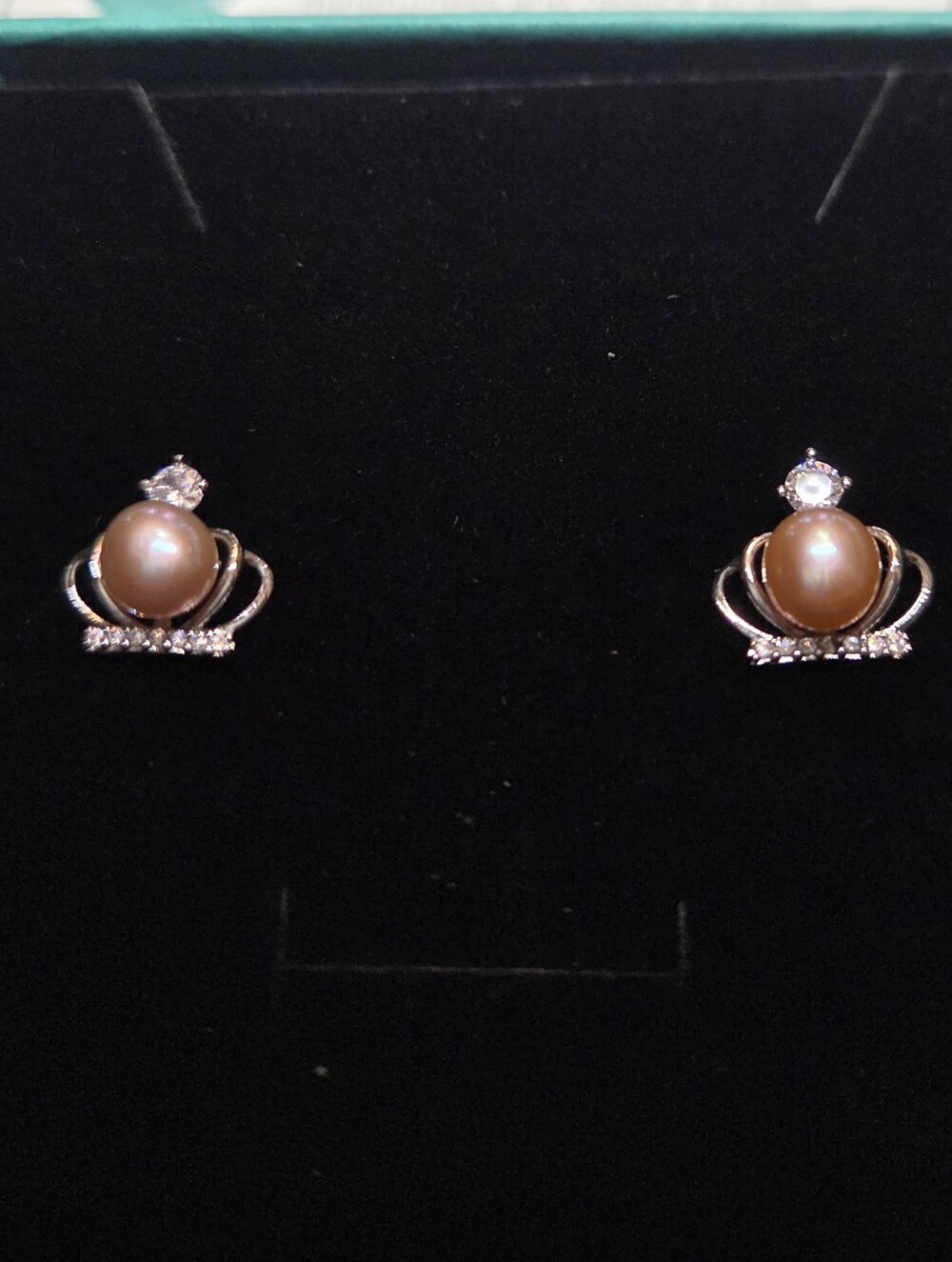Pearl Crown Stud Earrings - Peach Pearl and Crystal Accents